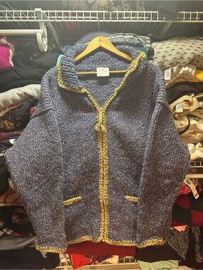 Vintage Ande Wear Hand Knit Wool Cotton Blue Zip Cardigan Sweater Women’s Medium